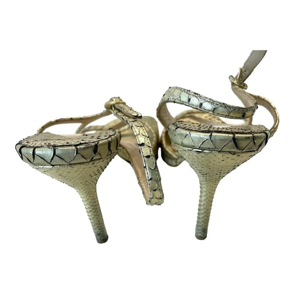 Paul Andrew Italy Gold Snakeskin Leather Strappy Platform Stiletto Sandals 37 EU